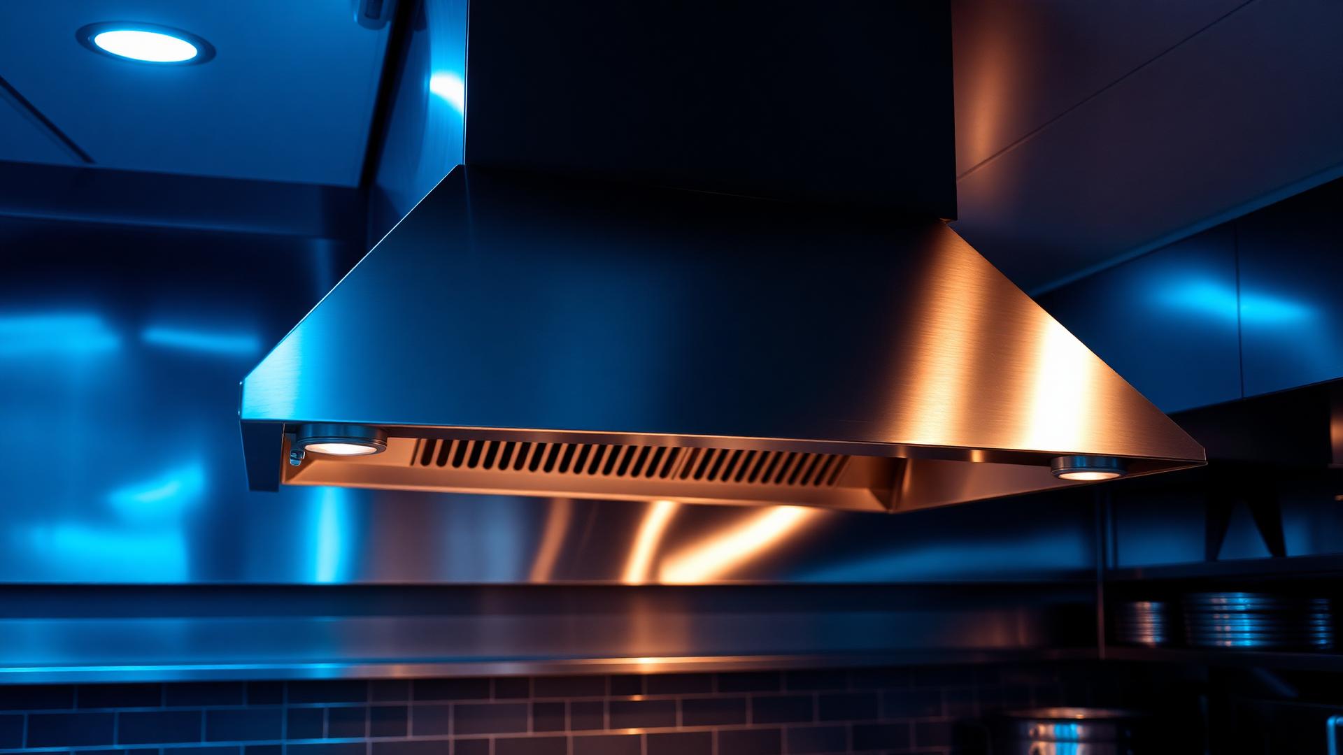 Polished stainless steel commercial kitchen exhaust hood